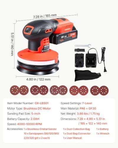VEVOR 5-Inch Cordless Random Orbital Sander 300W Brushless Orbital Sander