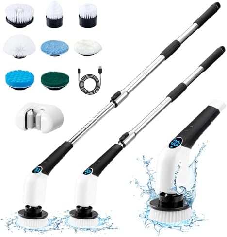 Electric Spin Scrubber, 2024 New Cordless Cleaning Brush with 8 Replaceable Brush Heads, Power Shower Scrubber Long Handle, Extendable Handheld Electric Scrubber for Bathroom Floor Tub Tile