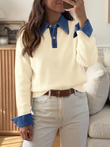 Saodimallsu Womens Denim Patchwork Sweaters V Neck Polo Pullover Tops