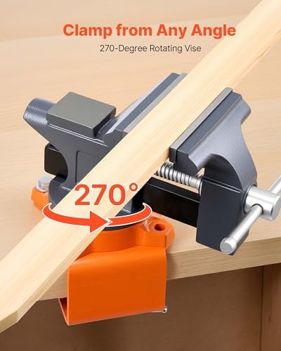 VEVOR Bench Vise, 4.5 Inch, Portable Workbench Vice with 270° Swivel Base, Quick Release Rotating Bench Clamp, Cast Iron Construction, for Woodworking, Metalworking, Drilling, Sawing, Cutting Conduit