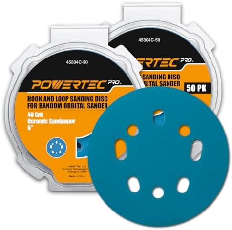 POWERTEC PRO 100PK, 5 Inch Sanding Discs Hook and Loop, 40 Grit, Ceramic Orbital Sander Sandpaper for 5 & 8 Hole Random Orbital Sanders - Automotive, Paint, Metal, Woodworking (45304C-50-P2)