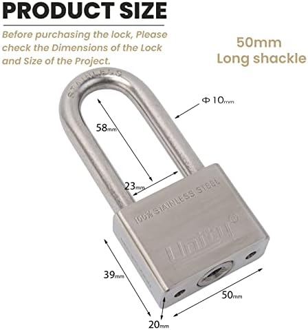 Unity Marine Padlock Keyed Alike 100% Stainless Steel Weatherproof for Sea, Boat, Port, Gate, Anti-Pick (2, 50mm Long Shackle)