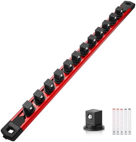 Reniteco Magnetic Socket Organizer, 1/2” Aluminum Alloy Rail, 12 Clips | Heavy-Duty Socket Rails, Removable 360° Swivel ABS Clips, Magnetic Base, Tool Box Drawer or Wall Mount