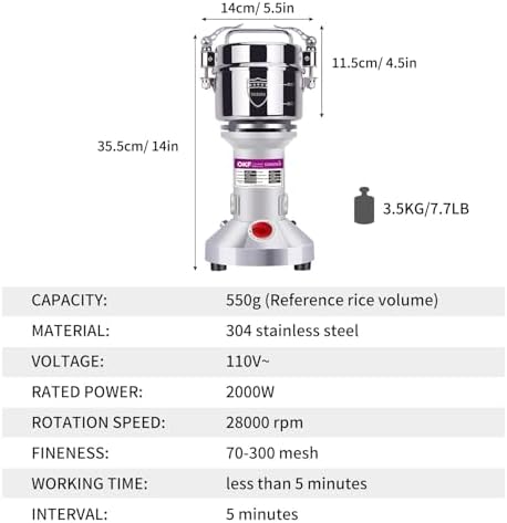 550g Grain Mill, 304 Stainless Steel Spice Grinder, 2000W High-speed Commercial Flour Mill, Superfine Flour Mill Grinder for Home, Grain Mill for Flour