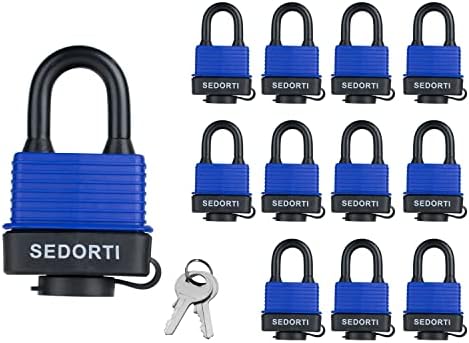 SEDORTI Colored Waterproof Padlocks, Blue-Covered Laminated Steel Lock, Same Color with Same Key, Keyed Alike Outdoor Locks, Can Be Used as Lockout Tagout Lock, Pack of 12