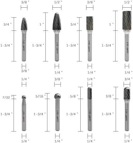 LU&MN Tungsten Carbide Burr Set, 1/4" Shank, 8 Pcs