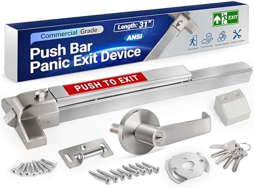 31" Commercial Push Bar Panic Exit Device with Exterior Lever Handle, 304 Stainless Steel Emergency Exit Door Hardware, Panic Bar Lock for 31"-47" Wood, Metal & Composite Doors, Reversible L/R