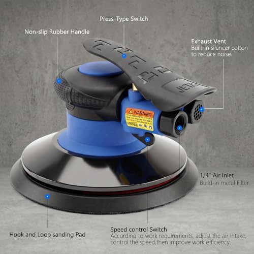 Random Orbital Air Sander 6 Inch, 13,000 RPM Pneumatic DA Palm Sander with Polishing Buffing Pads & Sanding Discs, Air Powered Polisher for Auto Body Repair, Wood, Composites and Metal Sanding