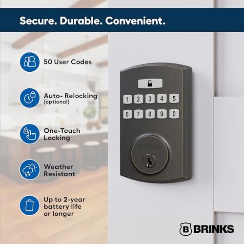 BRINKS Keyless Entry Keypad Deadbolt, 50 Codes, Auto Lock, Tuscan Bronze