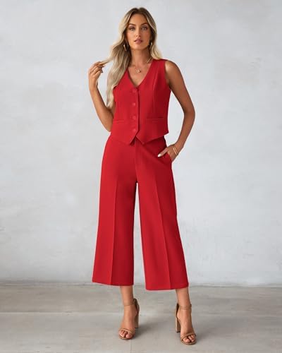 luvamia Vest Pant Suits for Women Dressy Wide Leg 2 Piece Sets Work Outfits