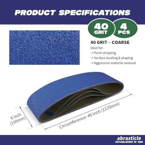 4 Pack 6 x 48 Inch Zirconia Sanding Belts, 40 Grit Heavy Duty Belt Sander Paper, Fits Belt Sander & Bench Sander for Woodworking, Metal Grinding and Knife Sharpening