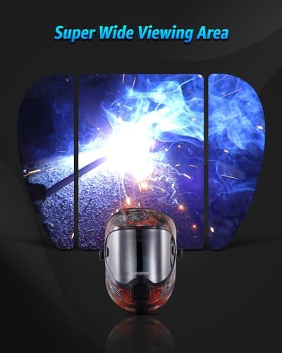 MANUSAGE Panoramic View Welding Helmet Auto Darkening, Welding Hood with 4 Arc Sensor Solar Power, True Color Shade 5-8 and 9-13 Idear for TIG MIG ARC, Adjustable Delay and Sense (E980S Decor)