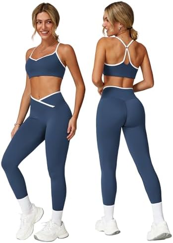 ABOCIW Workout Sets for Women 2 Piece Color Block Strappy Sports Bra High Waist Shorts Gym Yoga Pilates Outfits