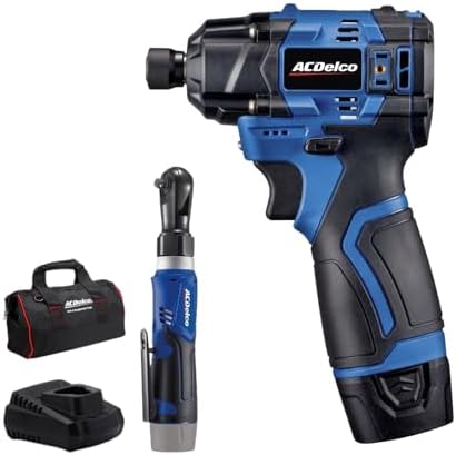 ACDelco G12 Series 12V Cordless Power Tool Combo Kit: 1/4" Hex Brushless Impact Driver (170 Nm) & 3/8" Ratchet Wrench (45 Ft-lbs) with 2.0Ah Li-ion Battery and Intelligent Fast Charger - ARI12185-K1