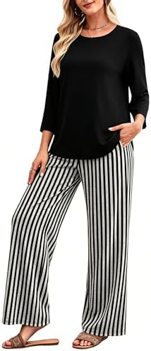 WIHOLL Two Piece Sets for Women Lounge 3/4 Length Sleeve Womens Tops Graphic Pants with Pockets Summer Outfits 2026