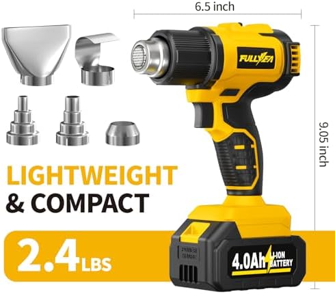 FULLYEA Heat Gun Cordless, Max 550℃ Portable Heating Gun, 2-Temperature Setting, Small Hot Air Guns with 2 Batteries & 5 Nozzles, Wireless Heat Gun Kit for Paint Removal, Shrink Tubing, DIY Gift