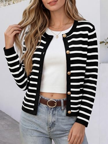 ANRABESS Women's Button Down Cropped Striped Cardigan Sweaters
