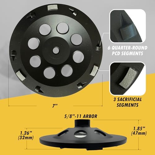 7" PCD Grinding Wheel for Epoxy, Glue, Mastic Removal, 6 Segments with Bar