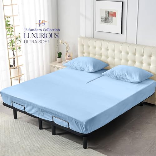JS Sanders Collection 600TC Flex Top Queen Sheets for Sleep Number Bed - 100% Cotton 4 Pcs Top Split Queen Sheets for Adjustable Bed Queen 36 Inch Down Light Blue -18 Inch Deep