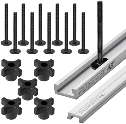 POWERTEC 72197 48-Inch Miter T-Track with Miter T-Bar, 10pc 5/16"-18 x 3" Long Miter T Slider Bolts and 5pc 5/16"-18 4 Point Knobs for Woodworking Jigs and Fixtures