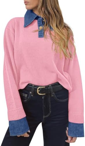 Saodimallsu Womens Denim Patchwork Sweaters V Neck Polo Pullover Tops