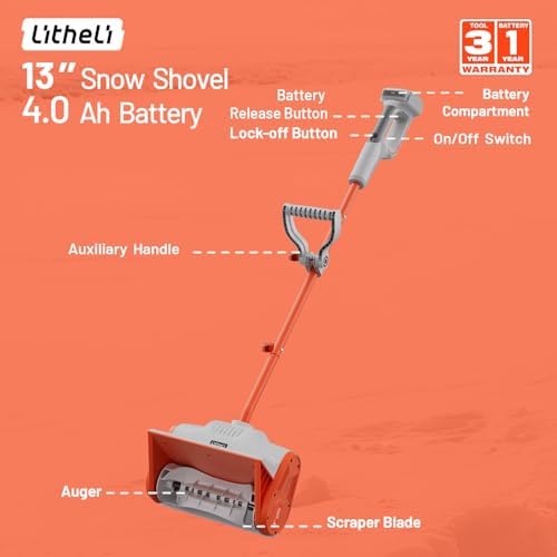 Litheli 20V Cordless Snow Shovel, 13-Inch Battery-Powered Snow Blower with 4.0Ah Battery, Easy to Use Snow Removal for Driveways, Sidewalks, Decks & Patios