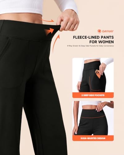 GAYHAY Fleece Lined Wide Leg Pants for Women, High-Waisted with Pockets
