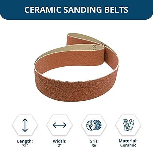 Benchmark Abrasives 2" x 72" Premium Ceramic Sanding Belts for Grinding Deburring Polishing Rust Removal on Metal, Stainless Steel, and Carbon Steel, Use with Belt Disc Sander (6 Pack) - 36 Grit