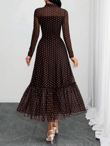 GothDark Polka dot Dress for Women Tie Neck Bow Ruffle Fall Vintage Dress