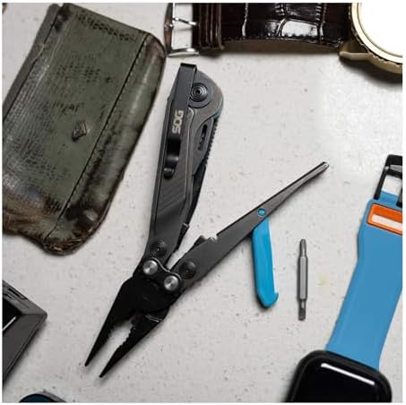 SOG Everyday Daily Solution EDC Flash MT Multi-Tool with CRYO D2 Steel Compact Pocket Size, 7 Tools, Stainless-Steel Housing, Urban Gray & Cyan
