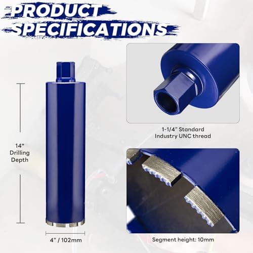 4 Inch Core Drill Bit for Concrete with Rebar - 14" Depth, Wet Use Coring Bit, 1-1/4"-7 UNC, Upgraded Welded Teeth for Brick, Block, Masonry, Stucco, Alsphalt - Great for DIY & Pros (102mm)