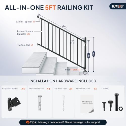 36in H x 5ft W Modular Aluminum Porch and Deck Stair Railing Kit