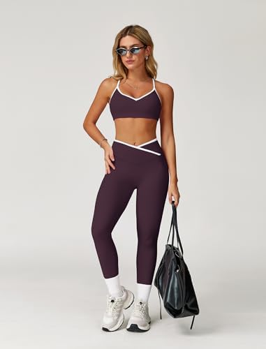 ABOCIW Workout Sets for Women 2 Piece Color Block Strappy Sports Bra High Waist Shorts Gym Yoga Pilates Outfits
