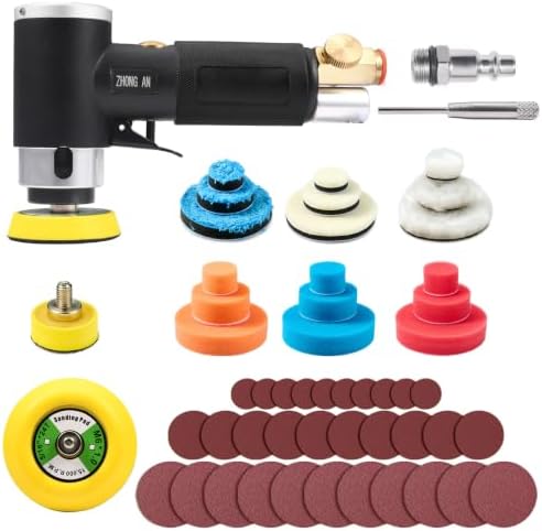 1'' 2'' 3'' Mini Orbital Sander Set Air Random Sander High Speed Pneumatic Sanders for Auto Body Work with 18 Polishing Sponge & Wool Pads, 30 Sandpapers(BLACK)