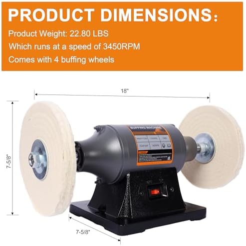 Bench Buffer Polisher Motor with 8 Inch Dual Buffering Wheels, Includes 4PCs 80Ply Thic Buffing Wheels for Buffing Metal, Jewelry, Wood, Jade, and Plastic Parts