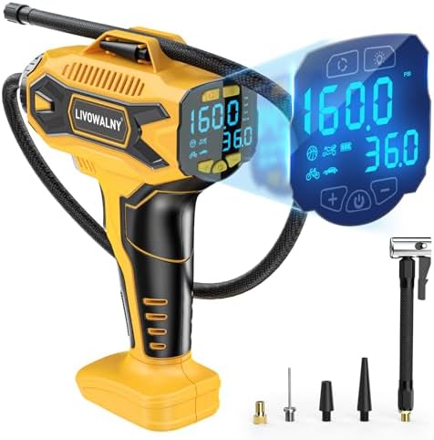 LIVOWALNY Tire Inflator Air Compressor Compatible with DeWalt 20V Battery Power, 160PSI Cordless Portable Electric Air Pump with Digital Pressure Gauge for Car Motorcycles Bike Ball Auto (Tool Only)