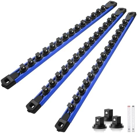 Reniteco Magnetic Socket Organizer Set, 3-Pack 3/8” Socket Rails | 42 Clips, Heavy-Duty Aluminum Alloy Rails, Removable 360° Swivel ABS Clips, Magnetic Base, Tool Box Drawer or Wall Mount