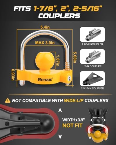 RETRUE Universal Trailer Coupler Lock, 4PC Key Alike Hitch Ball Lock,Yellow