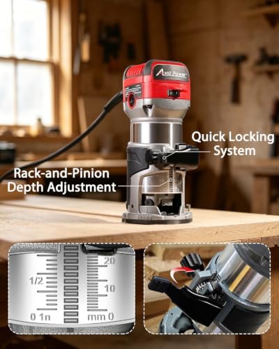 AVID POWER 6.5 Amp 1.25 HP Compact Router Tools for Woodworking, Fixed Base Wood Router with Trim Router Bits, 6 Variable Speeds, Edge Guide, Roller Guide, Dust Hood (Red, 65mm)