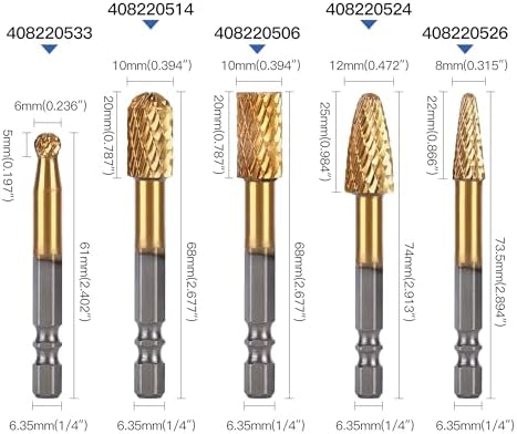 HUHAO 5Pcs Carbide Burr Set 1/4 Shank Die Grinder Bits Rotary Tools Attachment Kit Rasp File Accessories Metal Wood Stone Steel Grinding Deburring Cutting Porting Carving
