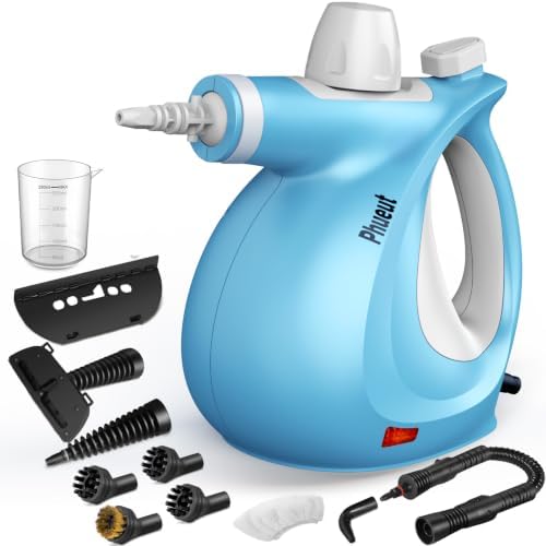 Phueut Pressurized Handheld Multi-Surface Natural Steam Cleaner with 12 pcs Accessories, Multi-Purpose Steamer for Home Use, Steamer for Cleaning Floor, Upholstery, Grout and Car (Blue)