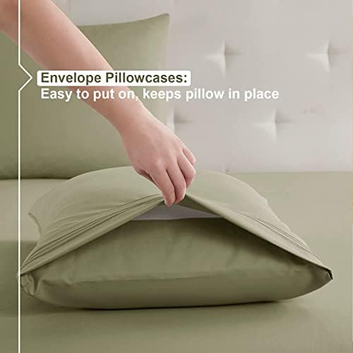 Nestl Queen Sheets Set - 4 Piece Queen Bed Sheets, Hotel Luxury, Extra Soft, Double Brushed Bedding for Queen Size, 2 Tone Beige/Sage Set, Beige Fitted Sheet, Sage Flat Sheet, Sage Pillow Case
