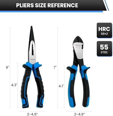 2 Pieces Plier Set, Including 8" Needle Nose Pliers and 7" Diagonal Cutting Pliers, Premium High Carbon Steel Construction for Plumbing, and General Applications Multi-use Tools Set
