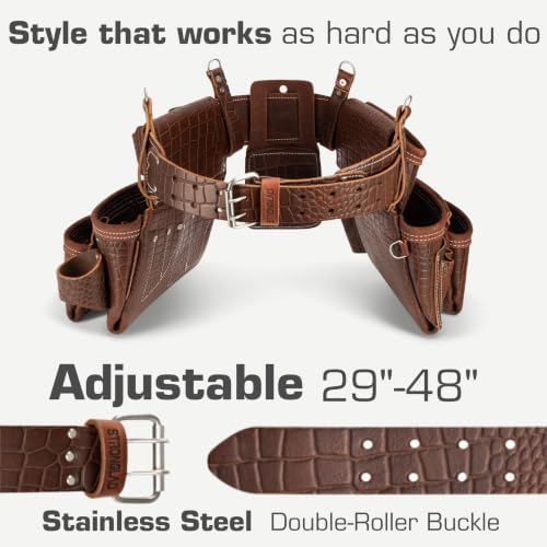 STRONGLAD Premium Embossed Top-Grain Leather, Carpenter Tool Belt - 21-Pocket Framing Tool Belt, Brown-Red Construction Gear with Stainless Steel Hardware