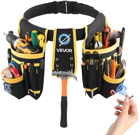 VEVOR Tool Belt, Magnetic Tool Pouch for Men, 28 Pockets Heavy Duty Adjustable Utility Belt Detachable Work Bag for Electrician, Carpenter, Construction, Work Apron Organizer, Waist Adjust 31 to 48in