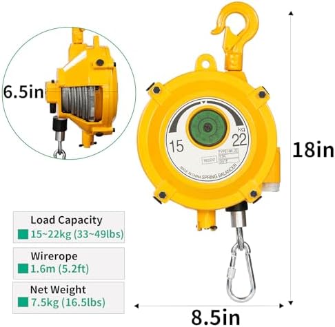 Heavy Duty Spring Balancer 15-22kg (33~49lbs), Tool Hanging Retractor, Retractable Balancer with 1.5m Adjustable Tension Steel Wire Cable, Industrial Tool Hanging Holding Equipment