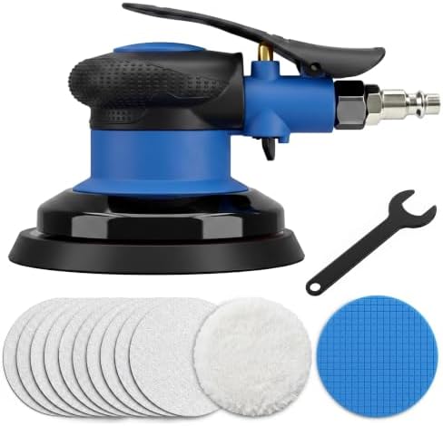 Random Orbital Air Sander 5 Inch, 13,000 RPM Pneumatic DA Palm Sander with Polishing Buffing Pads & Sanding Discs, Air Powered Polisher for Auto Body Repair, Wood, Composites and Metal Sanding