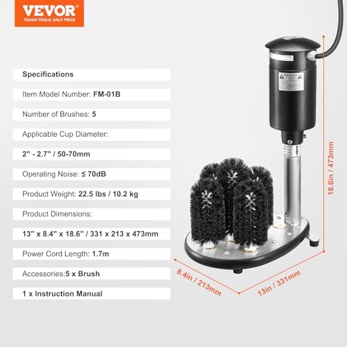 VEVOR Electric Commercial Glass Washer, 5-Brush Bar Glass Cleaner, 1200 Cups/Hour Wine Glass Cleaning Machine, Bar Glass Washer for Champagne Glasses, Beer Cups, Mugs, Perfect for Bars and Cafes