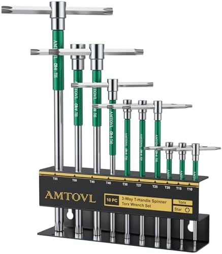 AMTOVL T-Handle Star Wrench Set - TORX, 10 Pcs T10-T55, Sliding Handle, | Chrome Vanadium Steel, with Aluminum Alloy Sleeves & Steel Storage Rack, for DIY, Mechanics, and Bicycle Enthusiasts