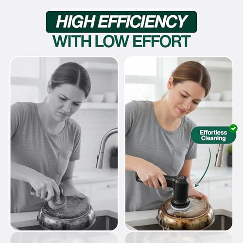 SonicPower Electric Spin Scrubber – Handheld & Ergonomic, IPX7 Waterproof, 4 Multi-Purpose Brush Heads, Long-Lasting Rechargeable Battery – Cleans Dishes, Bathroom, Tile, Grout & Kitchen (Black)